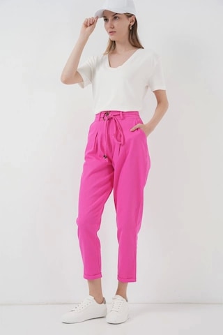 Defymoda 6660 Kemerli Keten Pantolon - Fuşya Fuşya