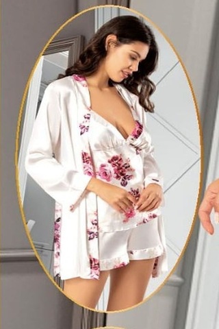 Xses 2155 Kadın Gulkurusu Saten Empirme Sabahlıklı 4'lü Pijama Takım Gulkurusu