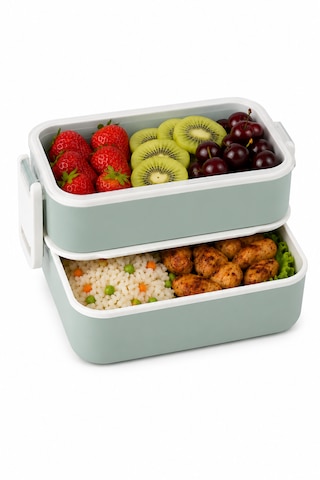 2 Katlı Plastik Kaşık Ve Çatallı Kilitli Lunch Box Yeni Nesil Sefer Tası 7 Parça Sızdırmaz Kapaklı Beslenme Kabı Açık Yeşil