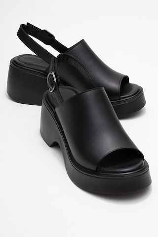 Luvishoes Power Siyah Cilt Hakiki Deri Kadın Dolgu Topuklu Sandalet Siyah Deri
