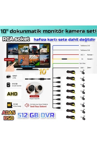 8 Ch 10 İnç Dokunmatik Monitör 8 Adet Ledsiz Ahd 1080p Kelebek Kamera 512 Gb Dvr Adas Bsd 12 Volt