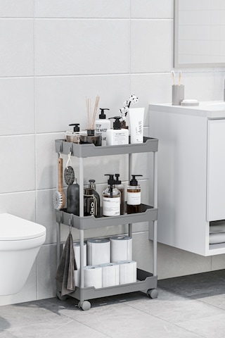 Gri 3 Katlı Tekerlekli Düzenleyici Mutfak Ve Banyo Rafı Vesken