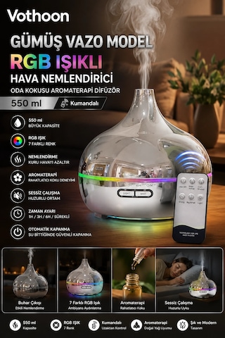 Gümüş Vazo Model Rgb Işıklı Hava Nemlendirici & Aromaterapi Difüzör 550 Ml Kumandalı