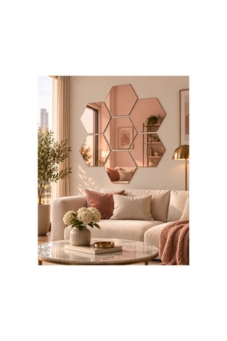 Kendinden Yapışkanlı Altıgen Dekoratif Duvar Aynası 1 Mm Kalınlık Petek Model Modern Salon, Antre Ve Yatak Odası Aynası Altın - Rose Gold