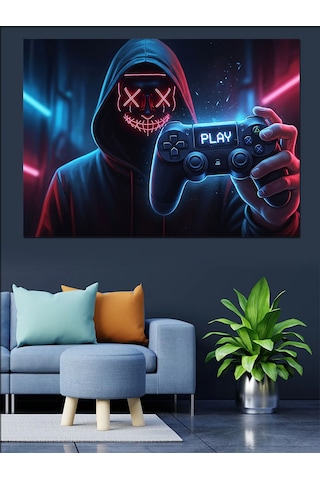 Neon Işıklı Kapşonlu Gamer Figür Dekoratif Kanvas - Mdf Ahşap Tablo