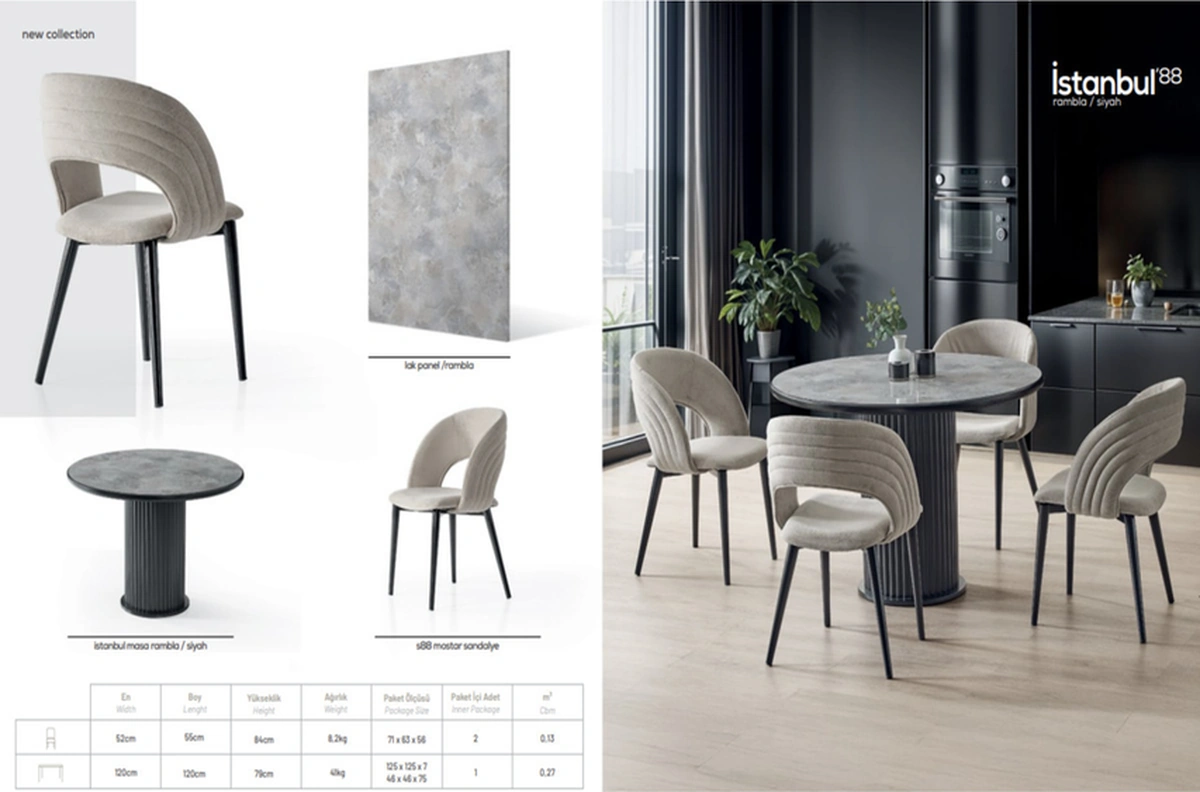 Dengema İstanbul 88 Yuvarlak Masa Takımı Gri Mermer Siyah Ayak, 4 Kapuçino Sandalyeli, Ø120 Cm Gri Mermer - Siyah Ayak