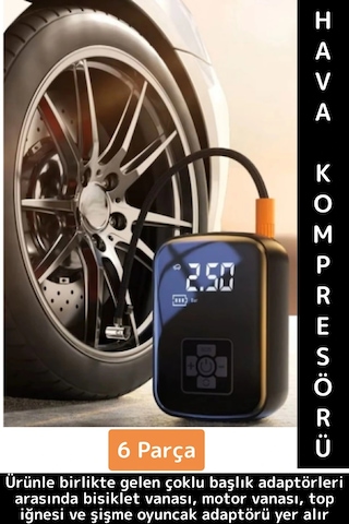 Premium Araba Motosiklet Bisiklet Şişme Yatak Dijital Led Ekranlı Şarjlı Hava Kompresörü 6 Parça