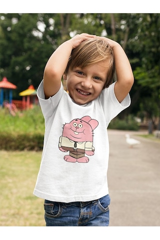 Sevbano Unisex Richard Watterson Baskılı Gumball Çizgi Film Çocuk Tişört Beyaz