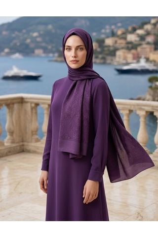 Moda Nuda Çift Taraflı Etnik Desen Şal Mor