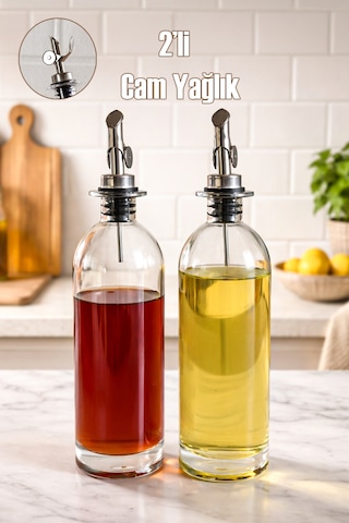 Porsima 3890-1 Gümüş Sızdırmaz Kapaklı Cam 2 Li Yağlık Sirkelik Yağdanlık Seti 500+500 Ml Şeffaf- Gümüş