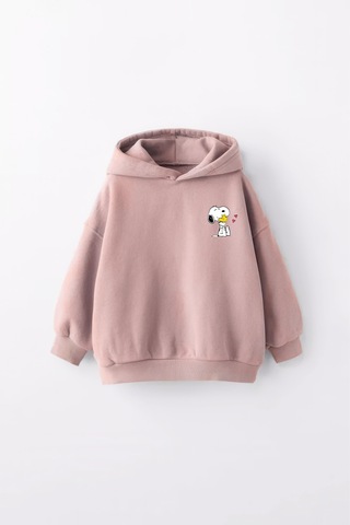 Kız Çocuk Snoopy Baskılı Kapüşonlu Manşetli Sweatshirt Pudra