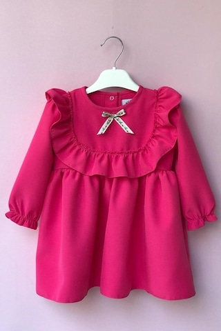 Fırfır Ve Kurdele Detaylı Tasarım Şeker Pembe Kız Çocuk Bebek Elbise 001
