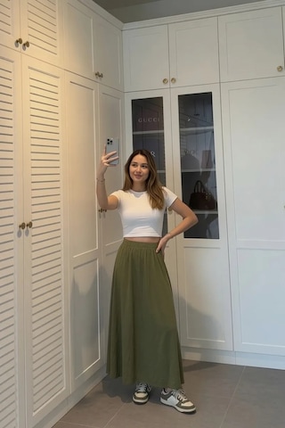 Kadın Haki Poplin Kumaş Uzun Etek Beli Lastikli Günlük Maxi Etek 90 Cm