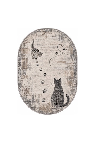 Pati Dostu Kedi Desenli Dijital Baskı Pamuk Dokuma Kaymaz Taban Salon Halısı Ve Çocuk-genç Odası Oval Gri 923552564 Oval Gri