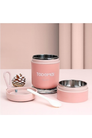 Dekorasyaa 2 Katlı Lunch Box - Pembe - Paslanmaz Çelik - Kaşıklı - Yemek Taşıma Kabı - 710ml Pembe