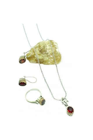 Yakut Taşlı Oksitli Otantik Gümüş Kadın Üçlü Set Yüzük Küpe Kolye