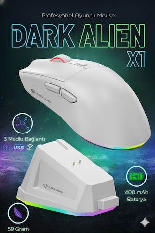 Dark Alien X1 Kablosuz 3 Modlu Oyuncu Mouse- 59 Gram 400 Mah Batarya- Makrolu Diğer