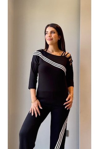 Tua Moda Kadın Uzun Kollu Truvakar Kol Tek Omuz Çapraz Şerit Detaylı Ribanalı Viskon Iki Iplik Bluz Ve Pantolon Ikili Takım Siyah