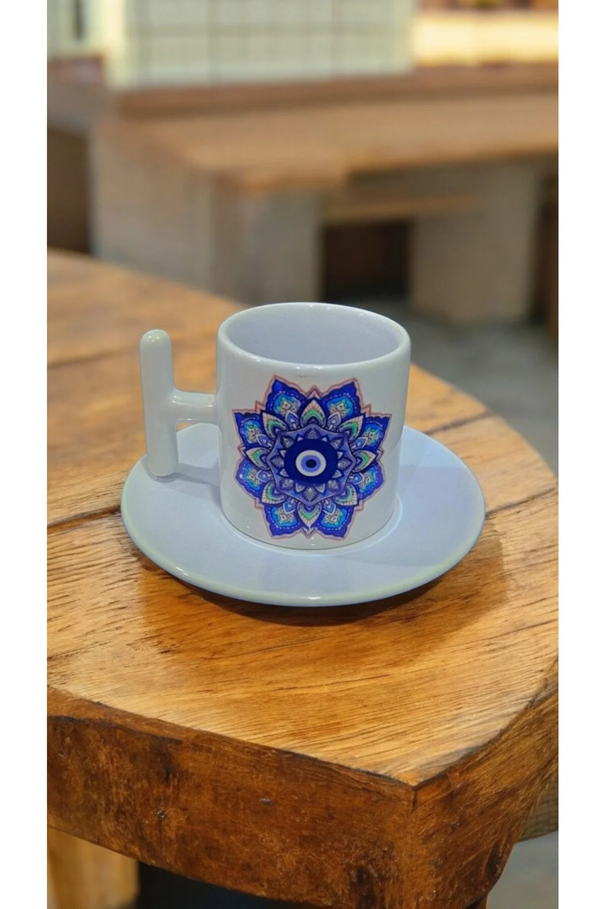 Nazar Boncuklu 90 Ml Özel Gün Ve Özel Tasarım Beyaz T-kulplu 2 Kişilik Türk Kahvesi Fincanı
