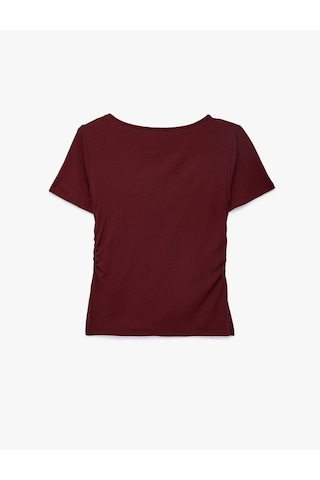 Koton Viskon Slim Fit Büzgülü Bisiklet Yaka Kısa Kollu Tişört Bordo 7wak50052ek