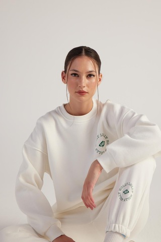Holly Lolly 3 İplik Şardonlu Uzun Kol Bisiklet Yaka Fine Sweatshirt Ekru