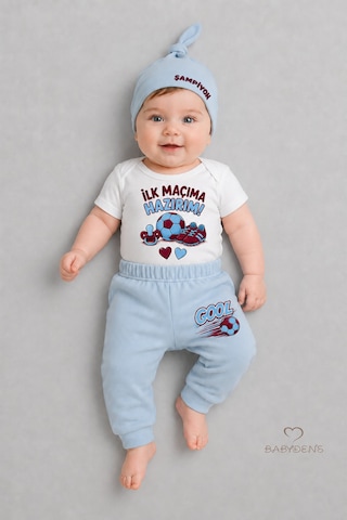Babyden's Bebek 3'lü Takım Bordo Mavi Taraftar Temalı Kısa Kol %100 Pamuk Yenidoğan Body Pantolon Şapka Seti İlk Maçıma Hazırım 0-9 Ay