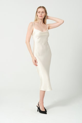 Degaje Döküm Saten Midi Elbise KREm Krem