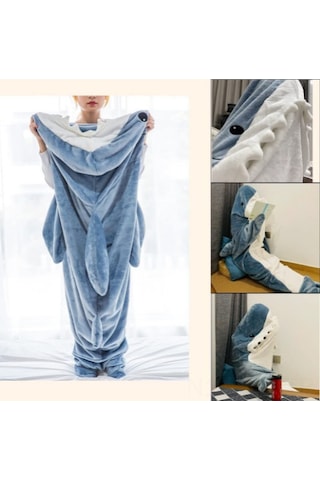 Wezone Mavi Büyük Beden Xl/190 90 Yumuşak Flanel Kapüşonlu Uyku Tulumu - Evde Giyilebilir Geniş Kumaş Shark Pijama Mavi