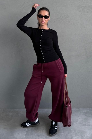 Bordo Geniş Paça Rahat Kalıp Lastikli Eşofman Altı Mg2581 Bordo