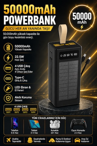 50.000 Mah Güneş Panelli Powerbank 22.5w Hızlı Şarj Dahili Kablolu Dijital Göstergeli Usb & Type-c Taşınabilir Harici Batarya Siyah