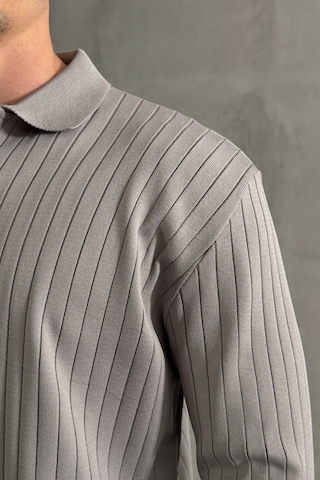Erkek Polo Yaka Fitilli Oversize Triko Kazak Gri