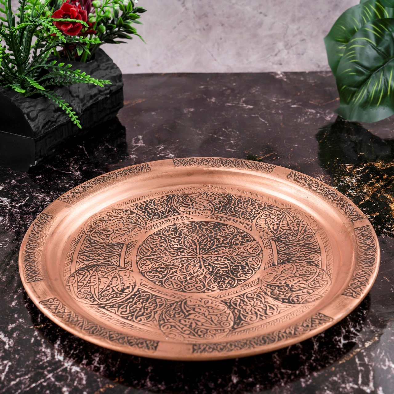 Dmt Gaziantep Bakır 25 Cm Osmanlı El İşi Sunum Rustik Tepsi Kına Tepsisi 25 Cm Bakır