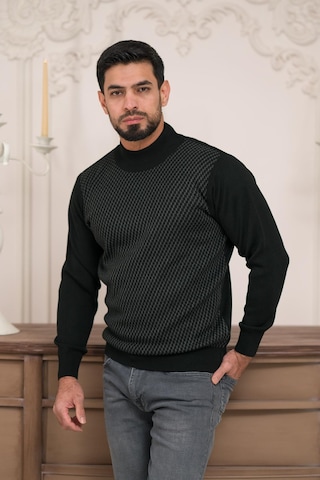 Woolen World Balıkçı Yaka Desenli Yünlü Erkek Triko Kazak Siyah