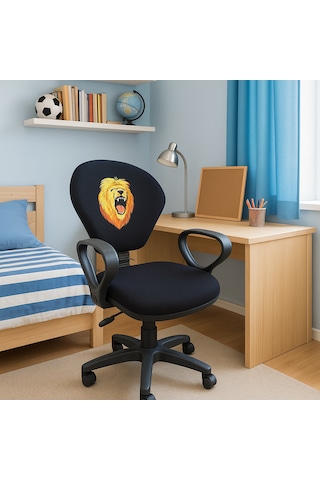 Gs Aslan Taraftar Temalı Sarı-kırmızı Çocuk Çalışma Koltuğu Ofis Koltuğu Tekerlekli Sandalye Siyah