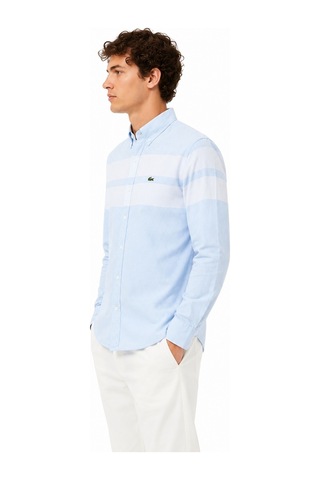 Lacoste Men's Slim Fit Blue Shirt Slim Fit Pamuklu Renk Bloklu Erkek Gömlek Mavi