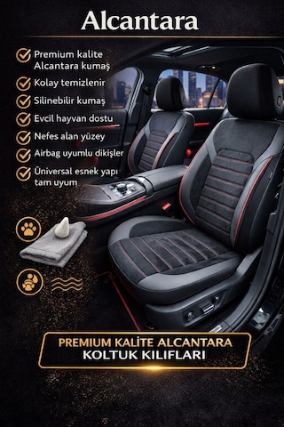 Alcantara Serisi Lüks Üniversal Oto Koltuk Kılıfı - 5 Kotuk Tam Set Kırmızı