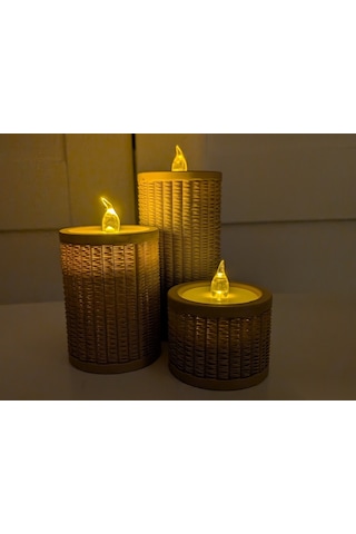 En-cag Rattan Görünümlü Tealight Mumluk Seti 3'lü Dekoratif Mum Tutucu Bss Çok Renkli