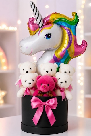 Unicorn Balonlu 6 Peluş Ayıcıklı Premium Hediye Kutusu Kız Çocukları İçin Eğlenceli Doğum Günü Hediyesi