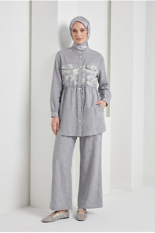 Armine Trend Çiçek Desenli Beli Büzgülü Tunik Ve Geniş Paça Pantolonlu Takım İndigo 26yt6156