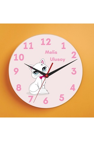 Çocuklara Özel Kedi Tasarımlı Duvar Cam Saati Beyaz