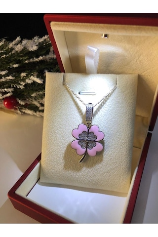 Yonca Kolye Pembe Mineli 925 Ayar Gümüş Sevgiliye Eşe Anneye Arkadaşa İyi Şans Kolyesi