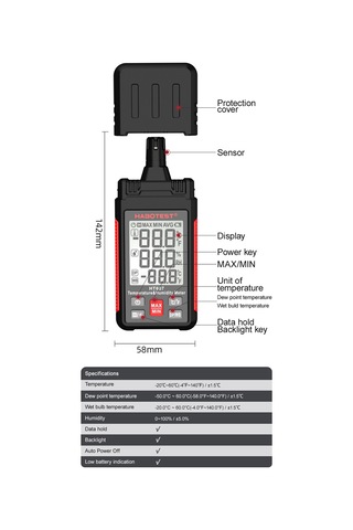 Springsun Habotest Ht607 El Tipi Dijital Termo-higrometre: Sıcaklık/nem/çiy Noktası Ölçer, Maks/min/veri Özellikli