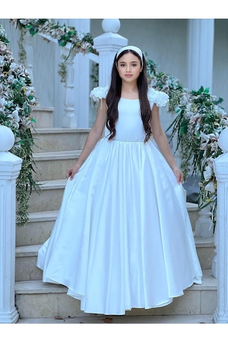 Prenses Çiçek Detaylı Tarlatanlı Beyaz Abiye Elbise Beyaz