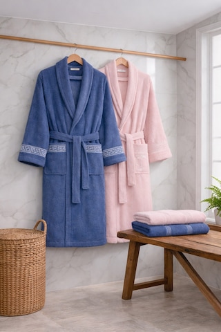6 Parça Aile Bornoz Seti Yüksek Emici, Dayanıklı & Yumuşak Doku, %70 Pamuk %30 Polyester Mavi
