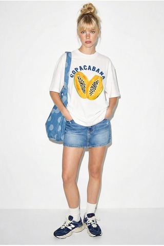 Shade Kadın Pamuk Bisiklet Yaka Papaya Baskılı Oversize T-shirt Öt261006 60286080 - Beyaz Standart