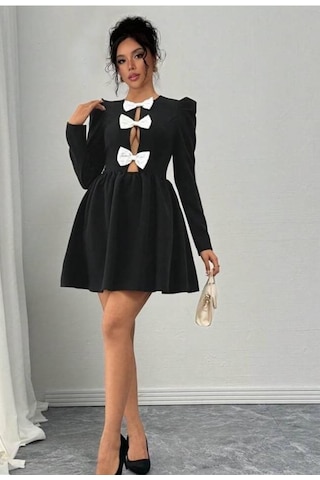 Tua Moda Kadın Dalgıç Kumaş Fiyonk Detaylı Uzun Kollu Mini Boy Elbise Siyah