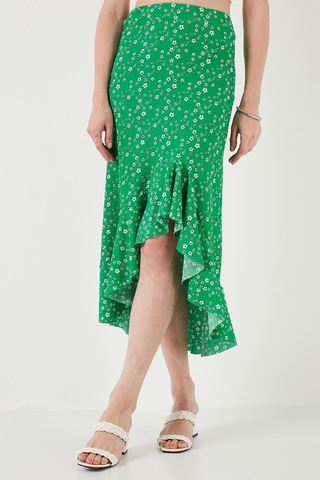 Lela Çiçek Desenli Regular Fit Volanlı Yüksek Bel Midi Boy Yırtmaçlı Bayan Etek 5869012 Yeşil