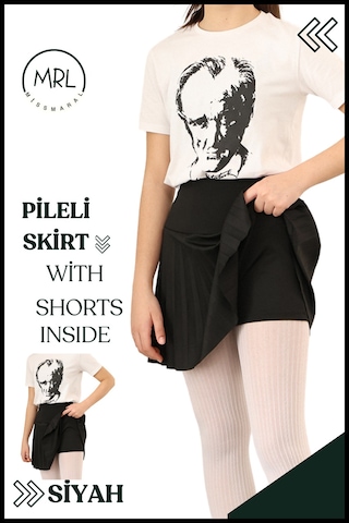 Kız Çocuk Pileli Siyah Etek Yüksek Bel İçi Şortlu Likra Kumaş Okul-oyun-spor-etkinlik Eteği 4103 Siyah