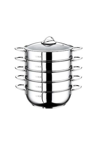 6 Parça Paslanmaz Çelik, Cam Kapaklı 32x10 Cm - 7 Litre Buharlı Pişirici, Mantı Tenceresi Gümüş