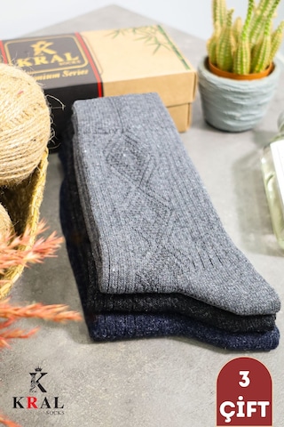 Kral Socks Erkek Koyun Yünlü Lambswool Kışlık 3'lü Kutulu Dikişsiz Çorap Asorti